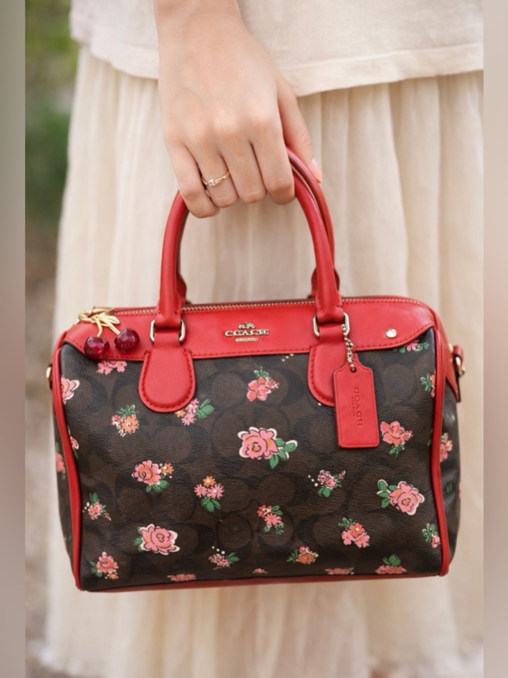 Coach Brown Floral Signature Satchel with Red Trim